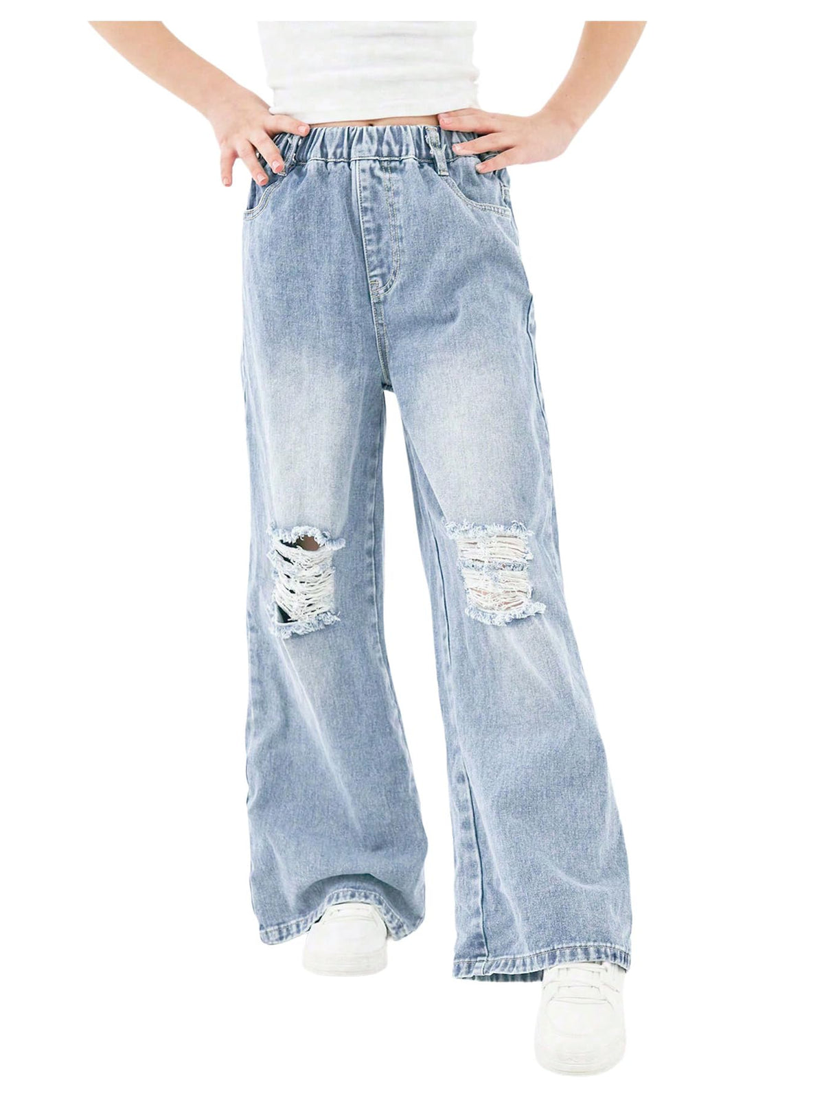 Floerns Girl's Elastic High Waisted Ripped Baggy Jeans Wide Leg Distressed Denim Pants