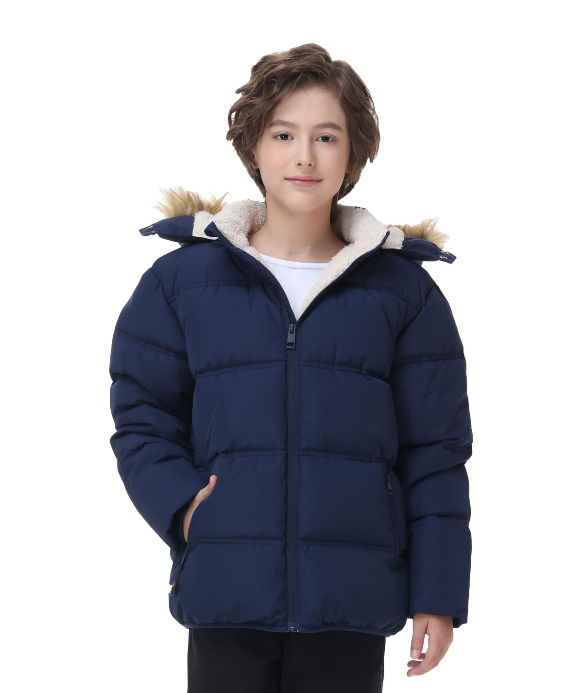 Boy's Girl's Winter Coat Puffer Sherpa Warm Jacket with Detachable Fur Hood
