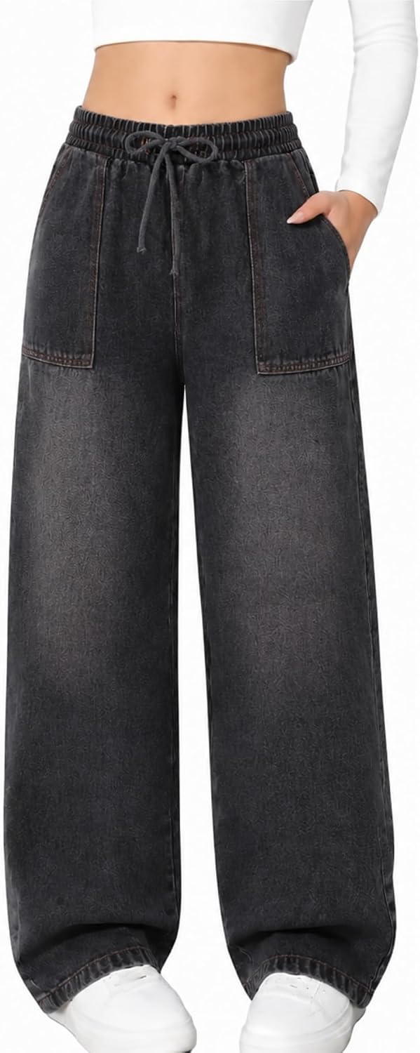 Axumity Teen Girls Baggy Straight Leg Jeans High Waist Denim Pants School Daily Wear for Kids Teen 9-16 Year Old