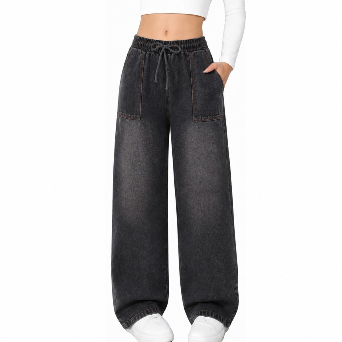 Axumity Teen Girls Baggy Straight Leg Jeans High Waist Denim Pants School Daily Wear for Kids Teen 9-16 Year Old