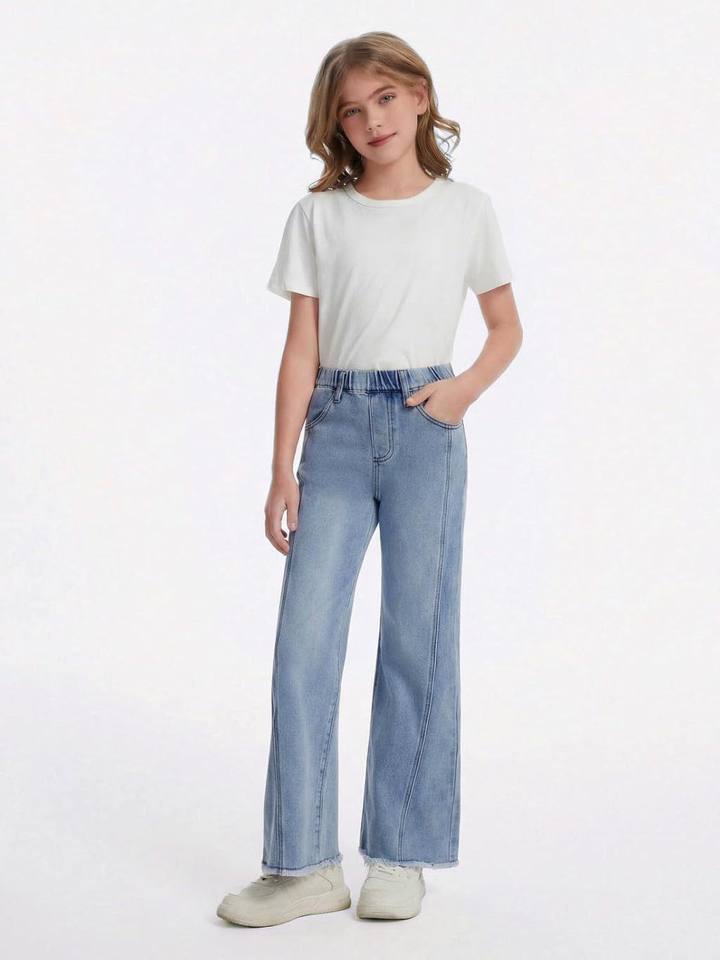 Haloumoning Girls Flare Jeans Kids Bow Print Back Elastic High Waist Wide Leg Denim Pants with Pockets 5-14 Years