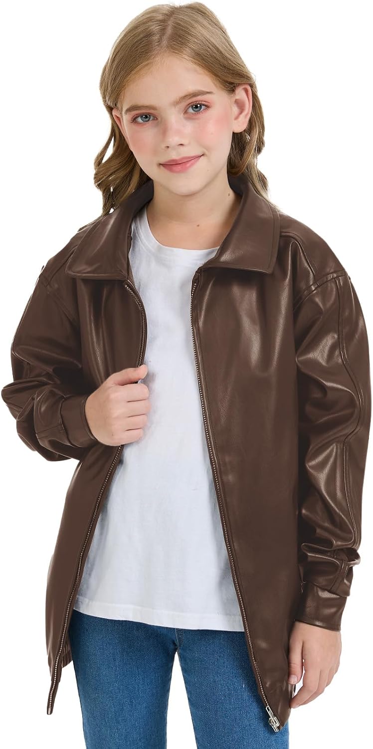 CharmWM Girls Oversized Faux Leather Jackets Kids Zip Up Fall Winter Motorcycle Biker Coats Outerwear