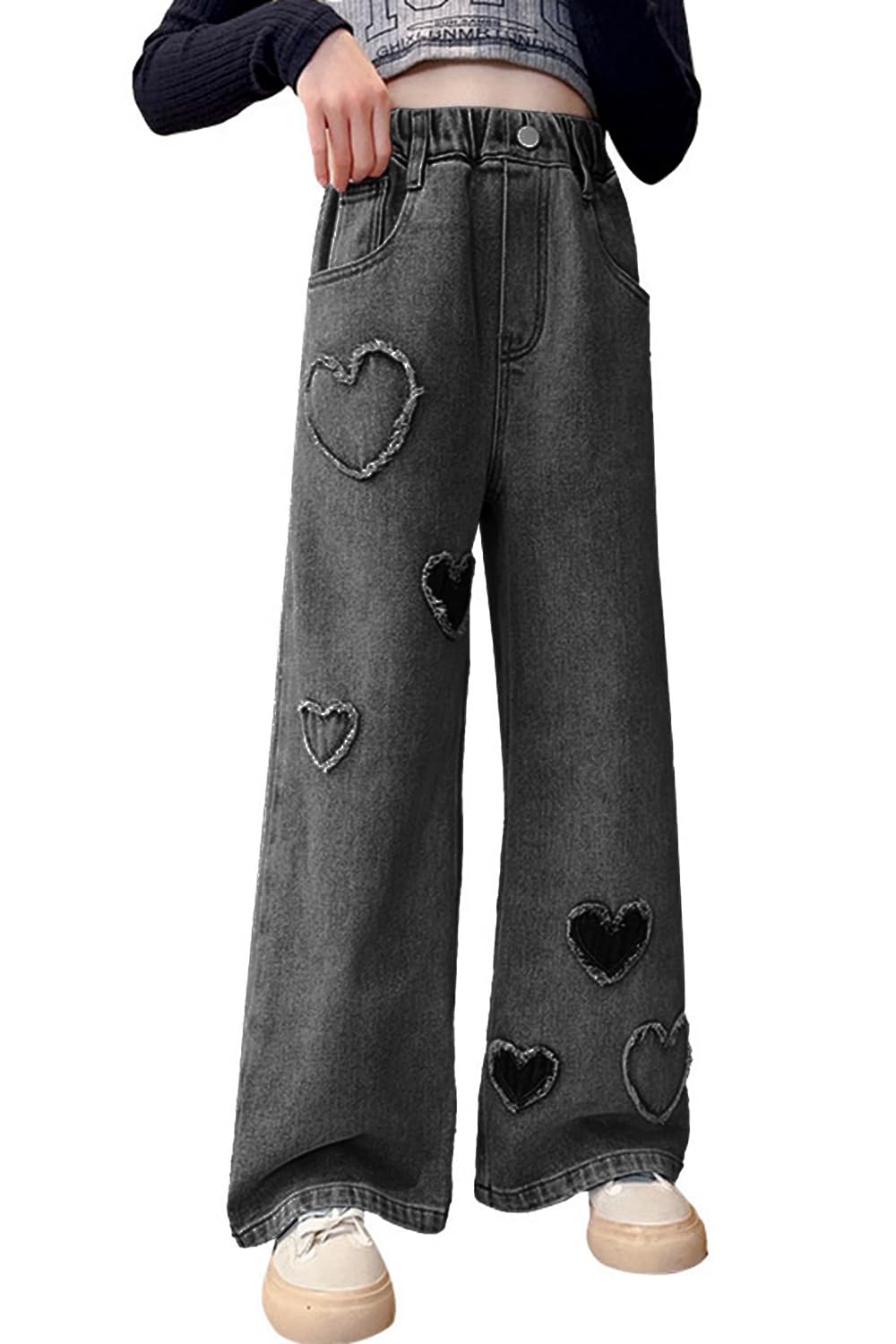 AOWKULAE Girls Baggy Jeans Wide Leg Cargo Denim Pants Kids 5-16Y