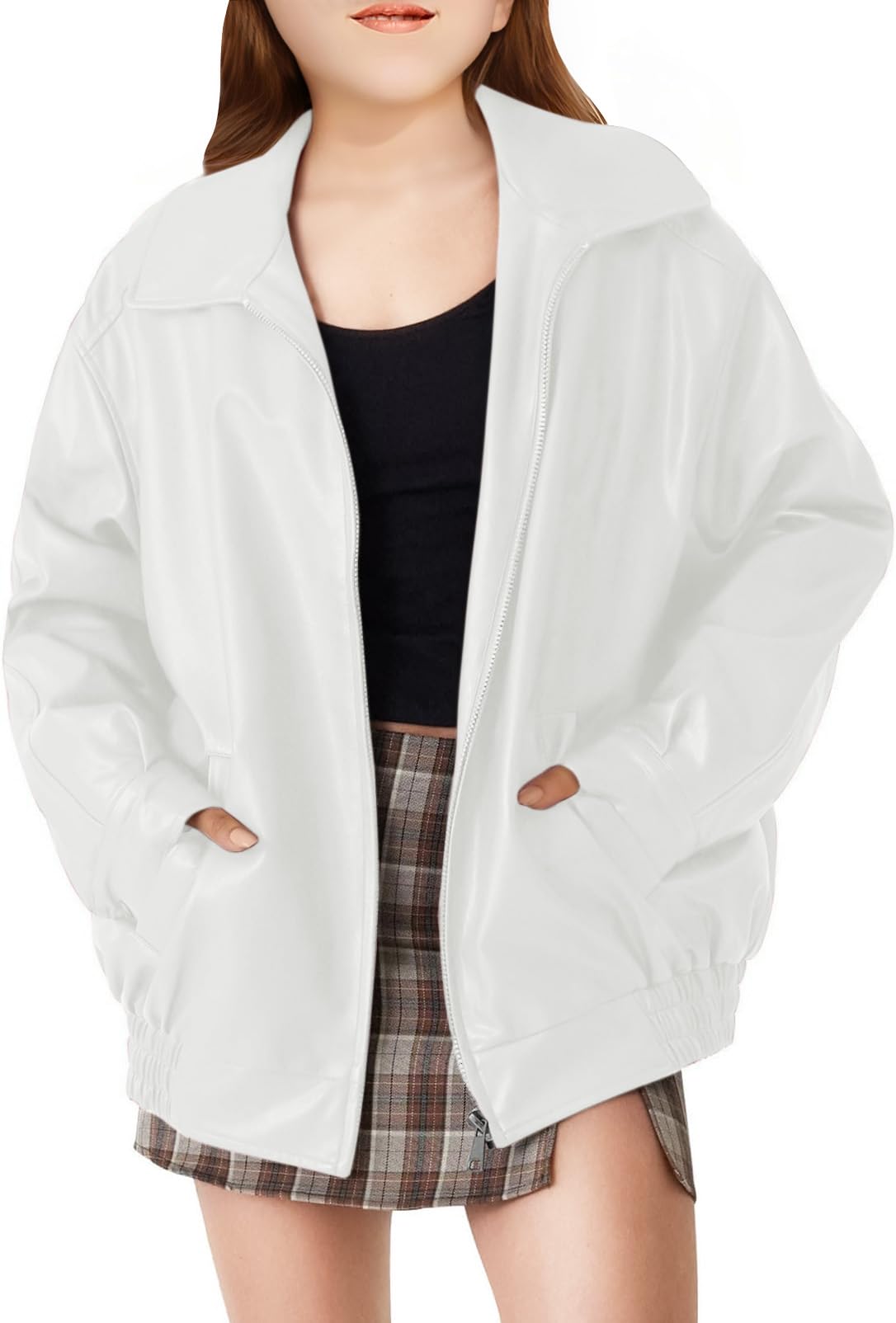 CharmWM Girls Oversized Faux Leather Jackets Kids Zip Up Fall Winter Motorcycle Biker Coats Outerwear