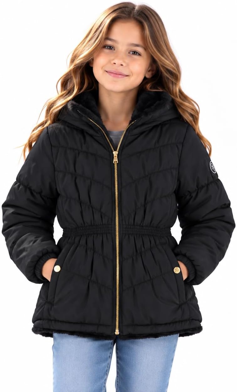 Jessica Simpson Girls Heavyweight Cinched Puffer Faux Fur Zip Hooded Coat