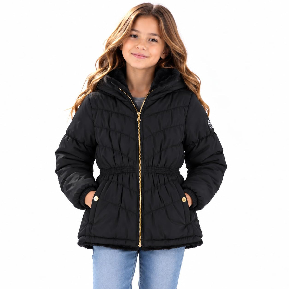 Jessica Simpson Girls Heavyweight Cinched Puffer Faux Fur Zip Hooded Coat