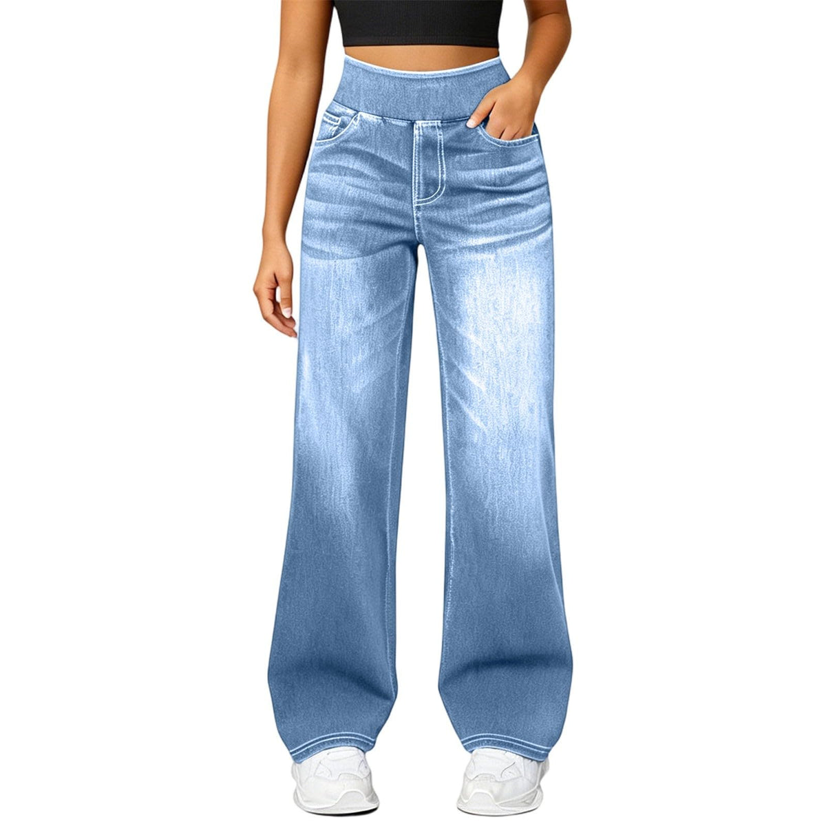 Wide Leg Jeans Teen Girls Elastic Waist Pull on Stretchy Straight Leg Denim Pants High Waisted Tummy Control Sweatpants Jean