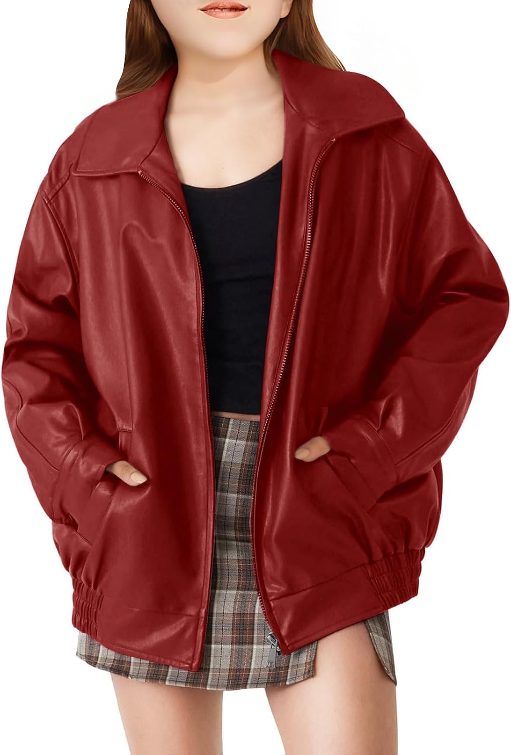 CharmWM Girls Oversized Faux Leather Jackets Kids Zip Up Fall Winter Motorcycle Biker Coats Outerwear