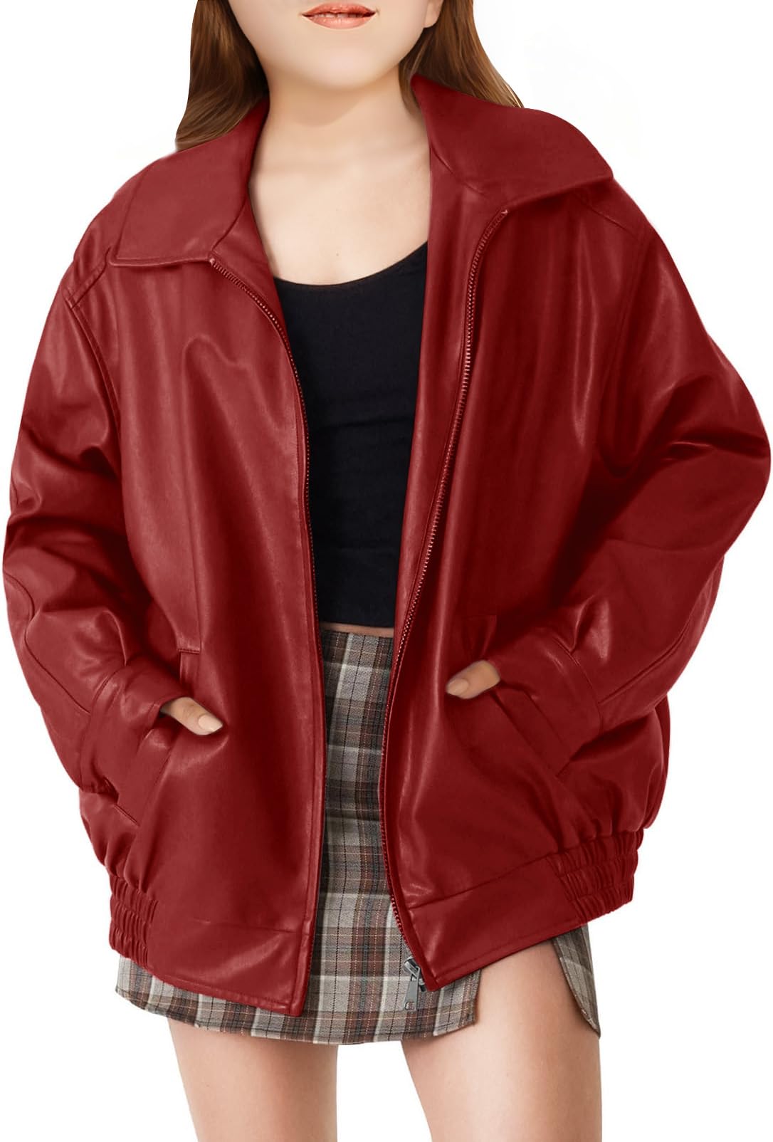 CharmWM Girls Oversized Faux Leather Jackets Kids Zip Up Fall Winter Motorcycle Biker Coats Outerwear