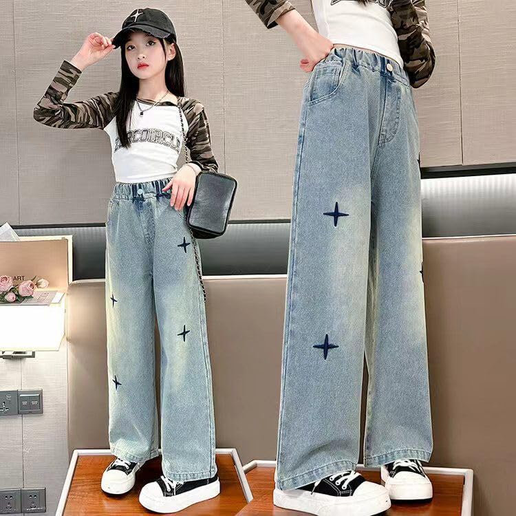 New Spring and Autumn Girls' Jeans, Children's Loose Casual Cowboy Wide Leg Pants Blue