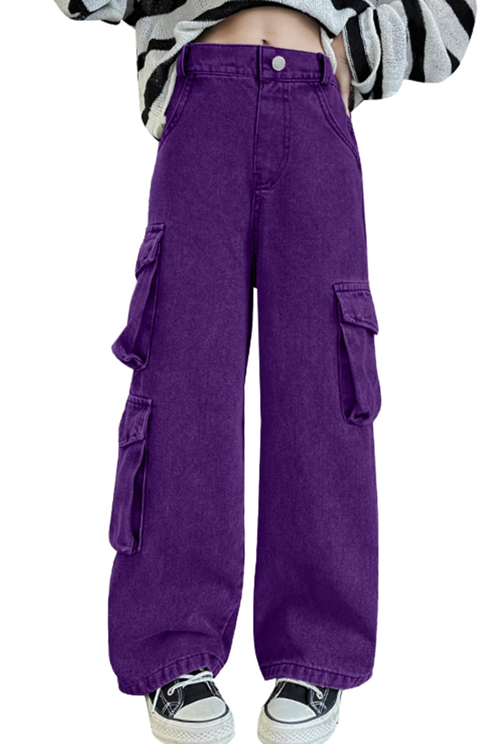 AOWKULAE Girls Baggy Jeans Wide Leg Cargo Denim Pants Kids 5-16Y