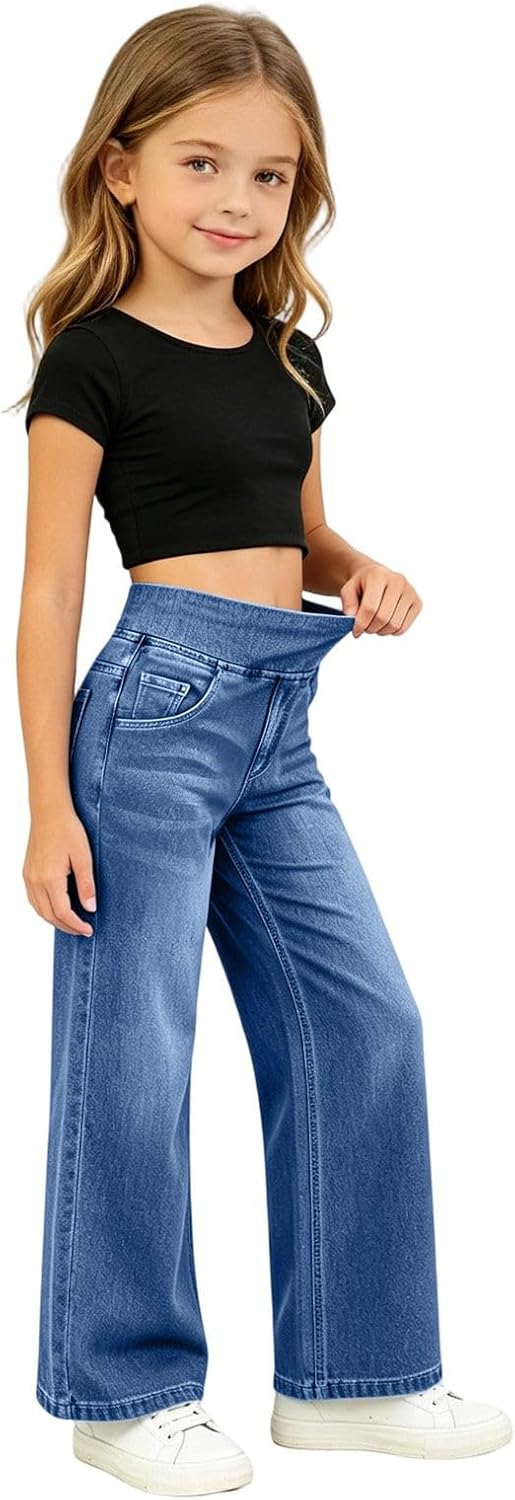 Wide Leg Jeans Teen Girls Elastic Waist Pull on Stretchy Straight Leg Denim Pants High Waisted Tummy Control Sweatpants Jean