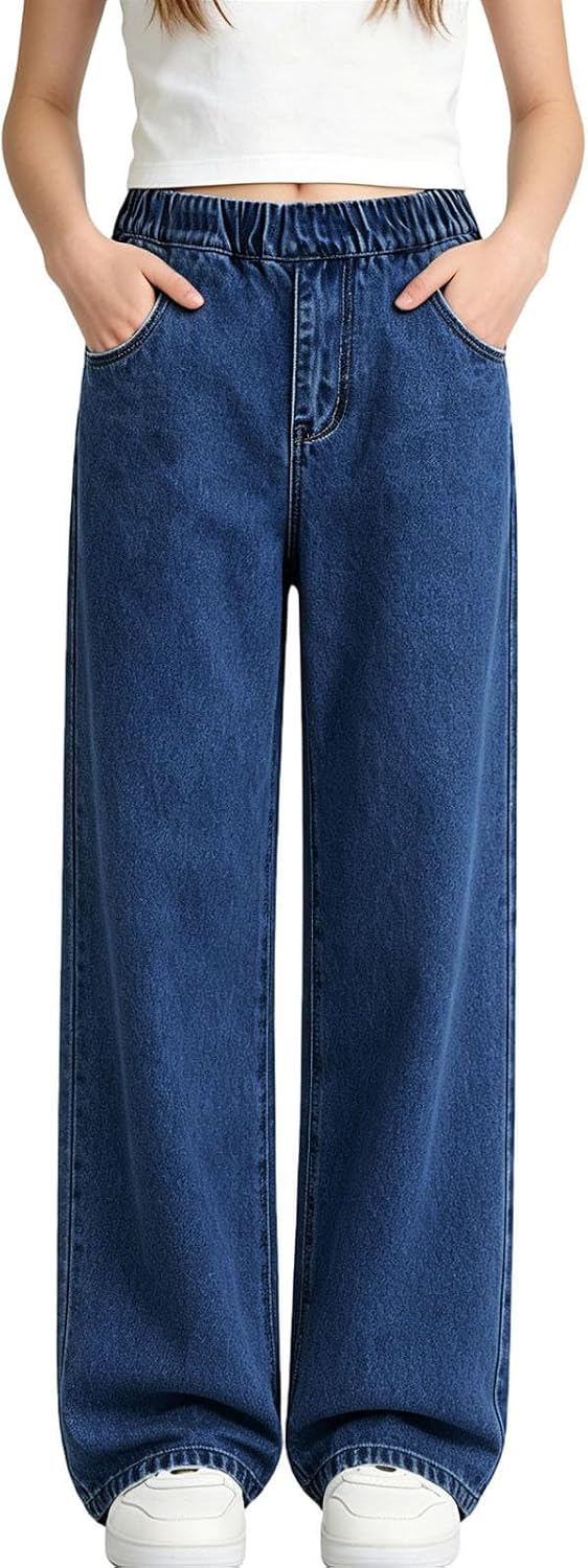 Girls Jeans Trendy Elastic Waist Straight Leg Denim Pants Kids Teen Clothes