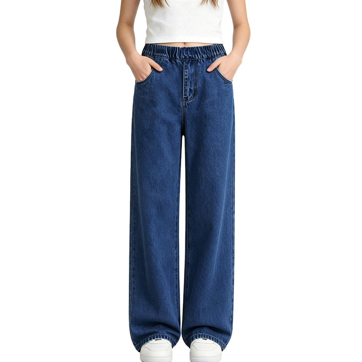 Girls Jeans Trendy Elastic Waist Straight Leg Denim Pants Kids Teen Clothes
