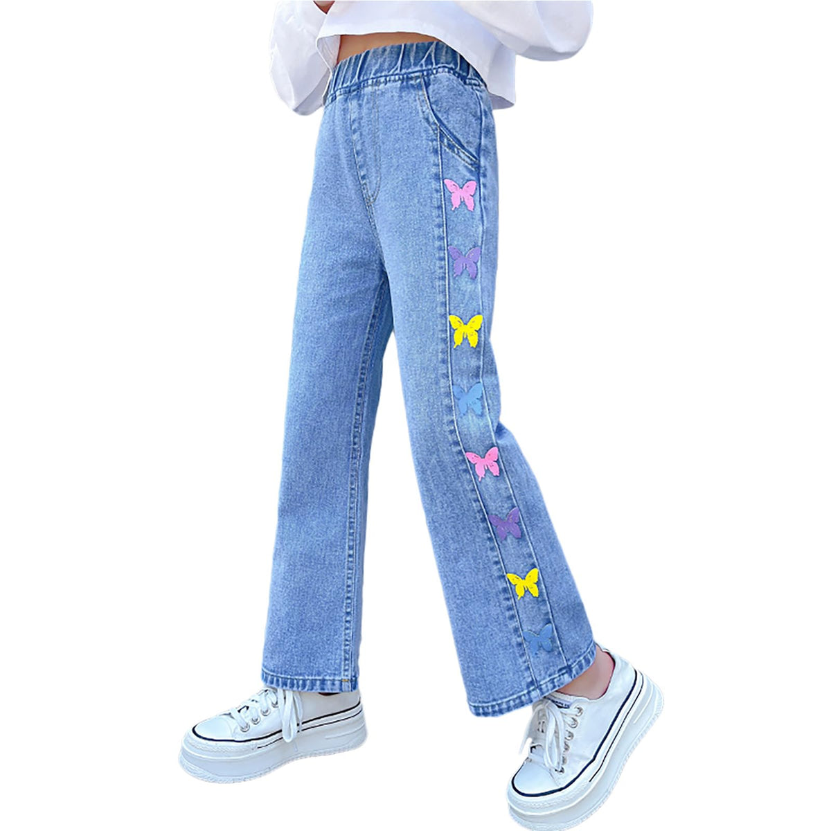 Rolanko Girls Jeans Denim Elastic Wasit Wide Leg Baggy Pants Kids Clothes 4-14 Years