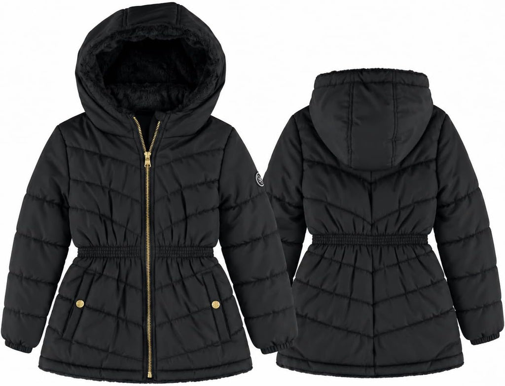 Jessica Simpson Girls Heavyweight Cinched Puffer Faux Fur Zip Hooded Coat