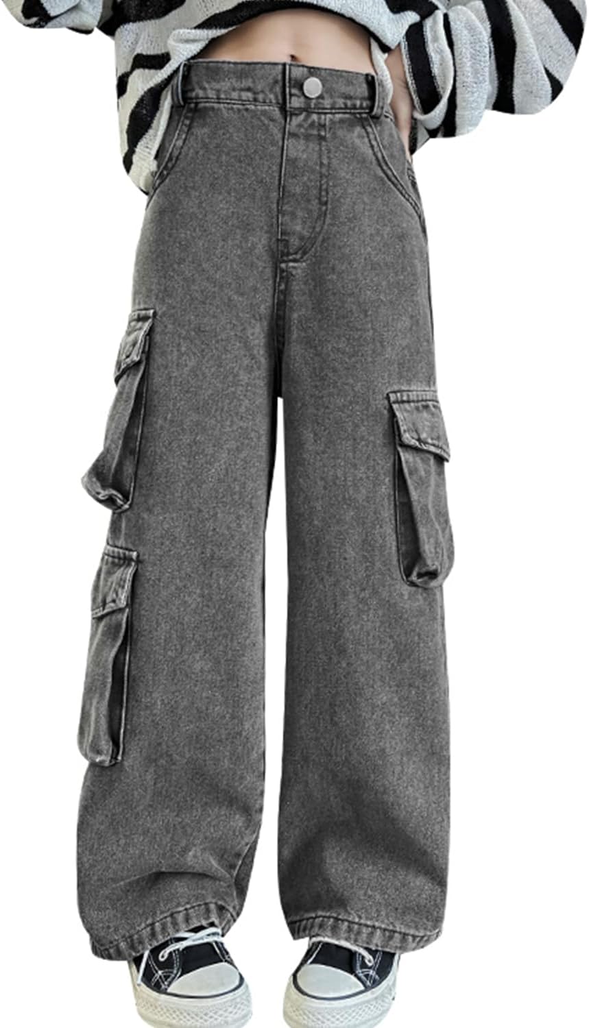 AOWKULAE Girls Baggy Jeans Wide Leg Cargo Denim Pants Kids 5-16Y