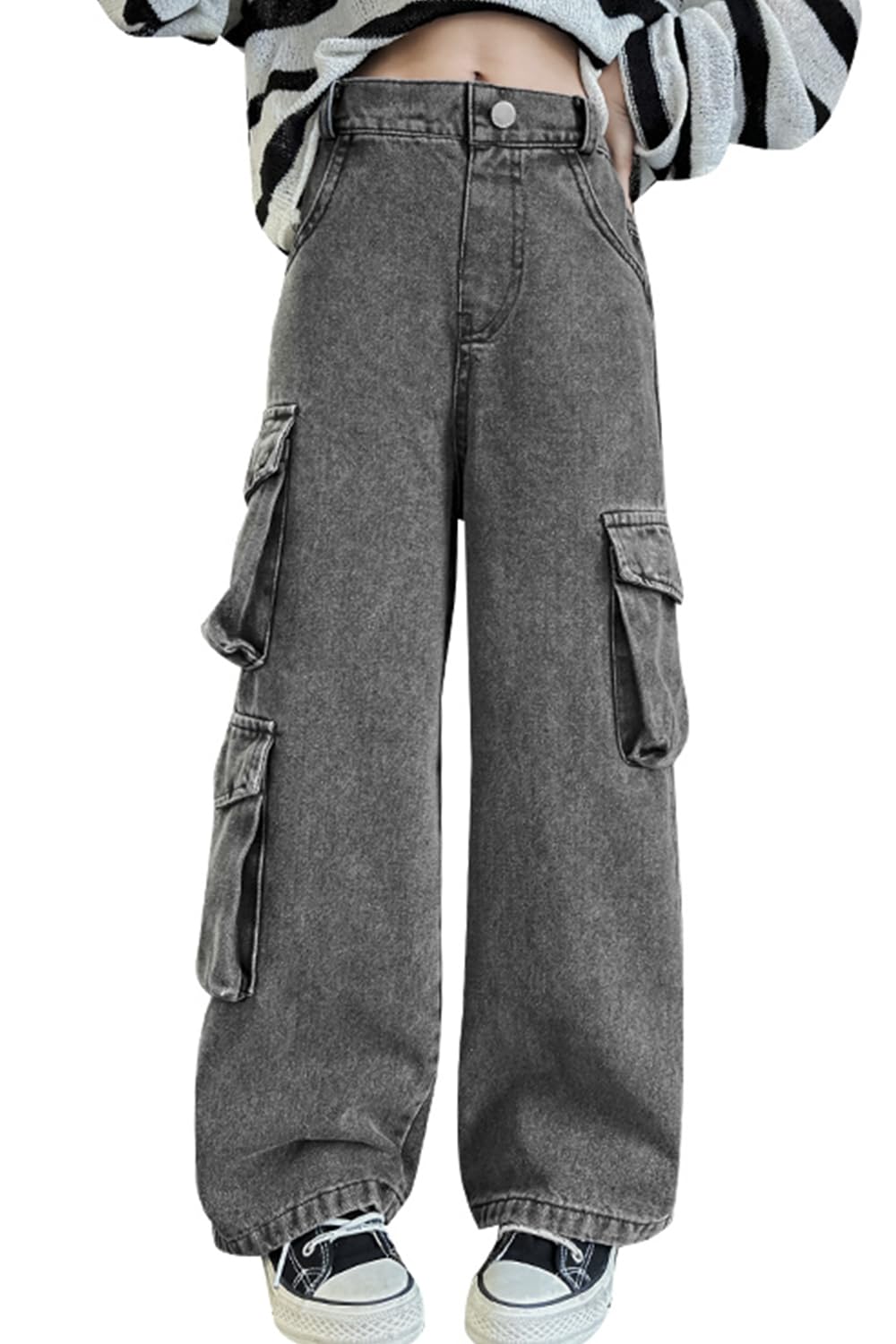 AOWKULAE Girls Baggy Jeans Wide Leg Cargo Denim Pants Kids 5-16Y
