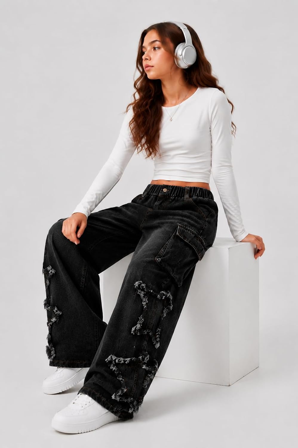Girls Wide Leg Jeans Elastic Waist Baggy Denim Cargo Pants Size 7-14