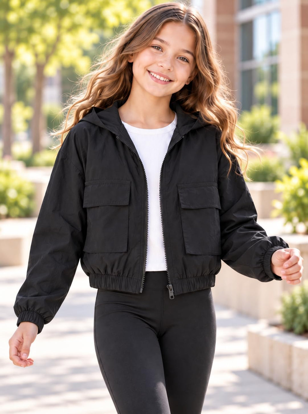 Girls Lightweight Jacket Crop Zip Up Hooded Outerwear