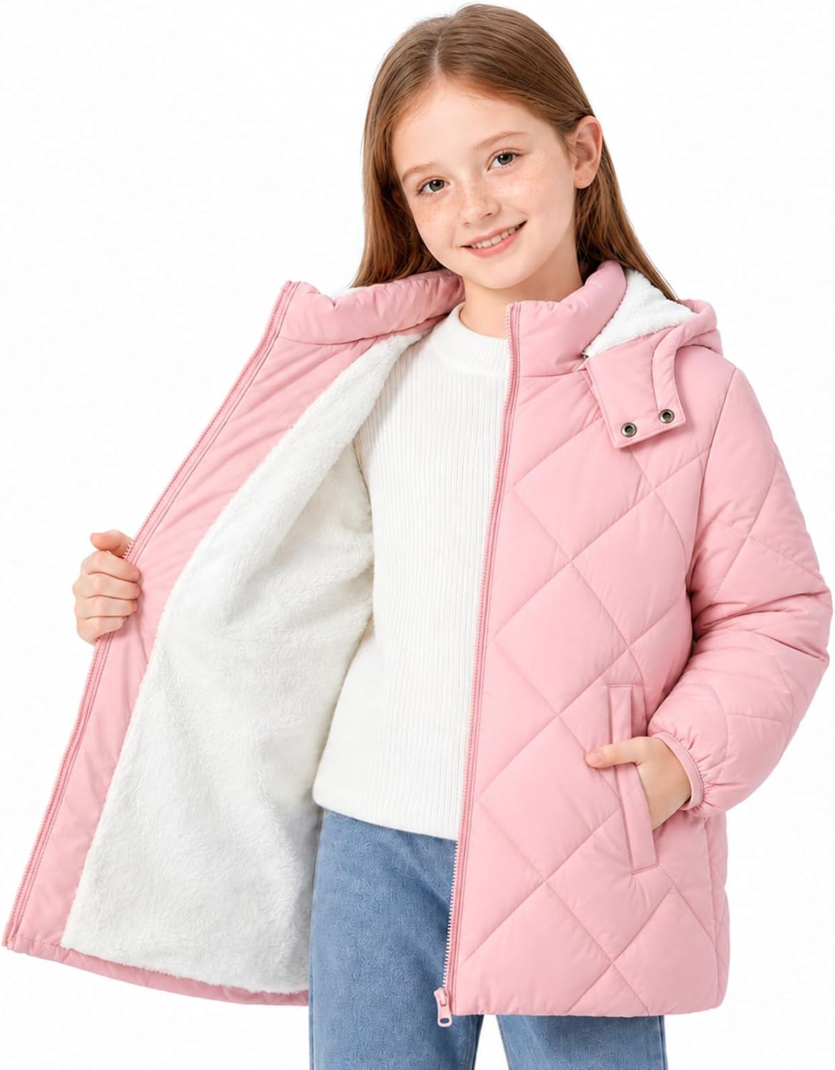 Funnycokid Girls Winter Coat Fleece Lined Hooded Puffer Jacket Warm Outwear
