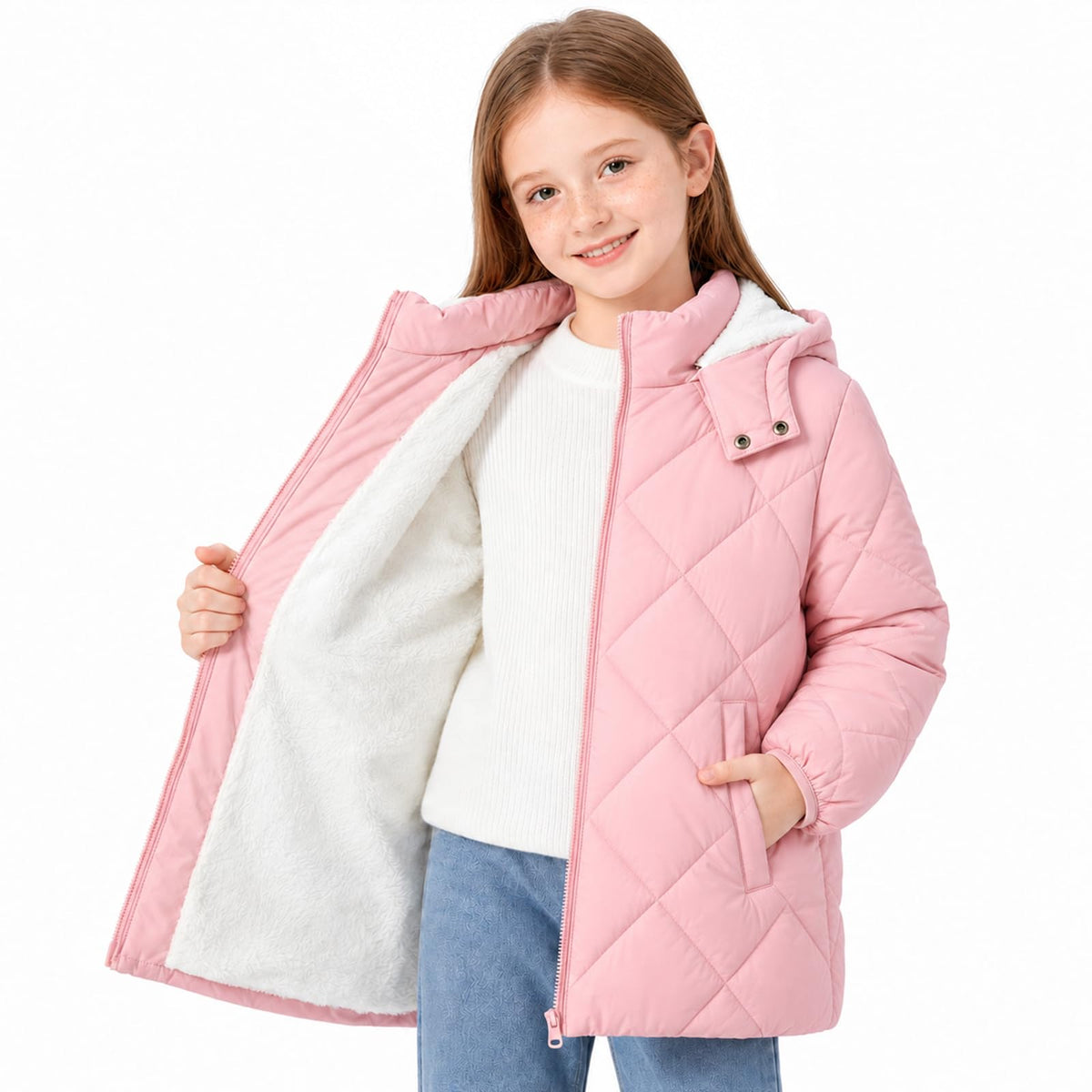 Funnycokid Girls Winter Coat Fleece Lined Hooded Puffer Jacket Warm Outwear