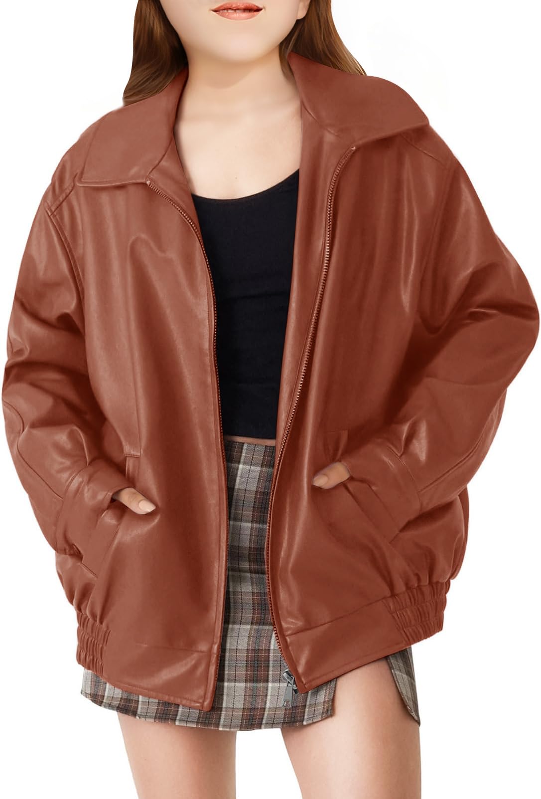 CharmWM Girls Oversized Faux Leather Jackets Kids Zip Up Fall Winter Motorcycle Biker Coats Outerwear