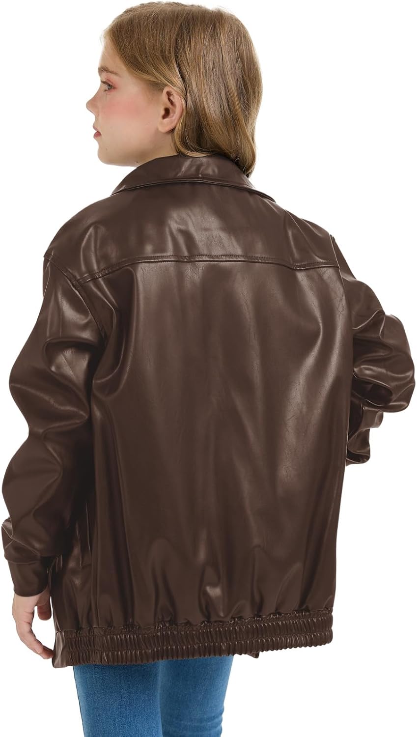 CharmWM Girls Oversized Faux Leather Jackets Kids Zip Up Fall Winter Motorcycle Biker Coats Outerwear
