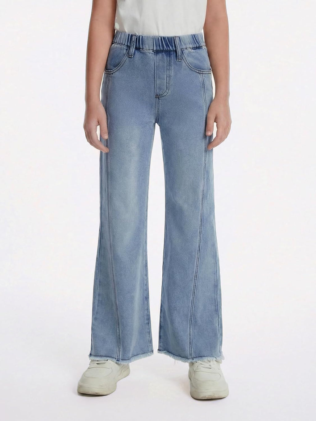 Haloumoning Girls Flare Jeans Kids Bow Print Back Elastic High Waist Wide Leg Denim Pants with Pockets 5-14 Years