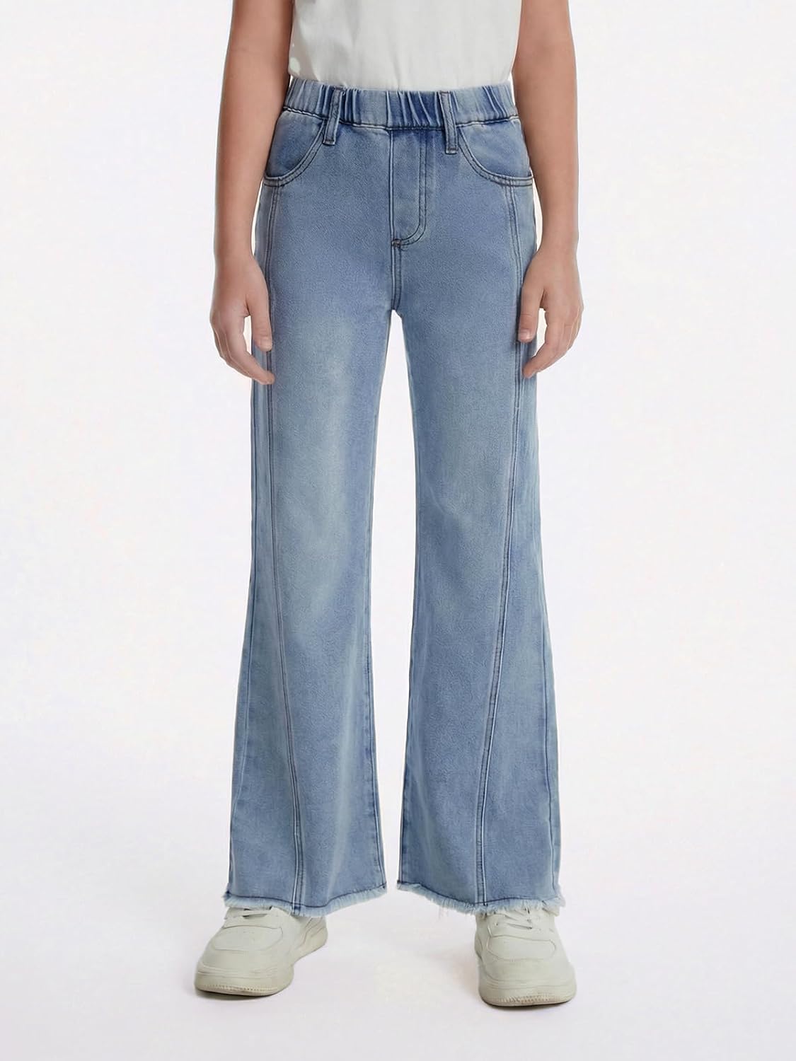 Haloumoning Girls Flare Jeans Kids Bow Print Back Elastic High Waist Wide Leg Denim Pants with Pockets 5-14 Years
