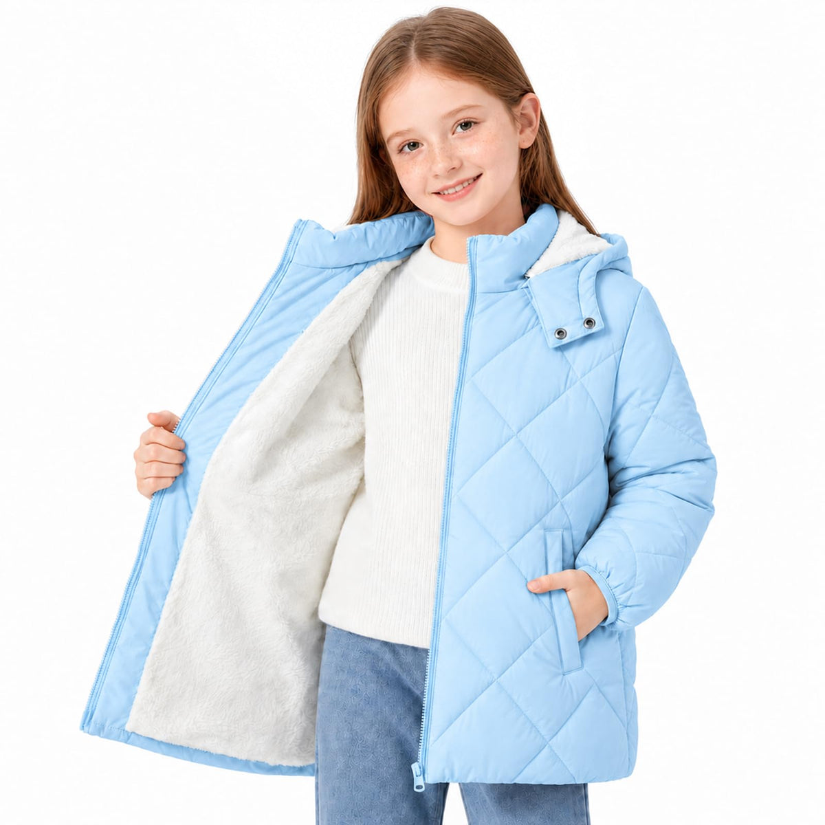 Funnycokid Girls Winter Coat Fleece Lined Hooded Puffer Jacket Warm Outwear