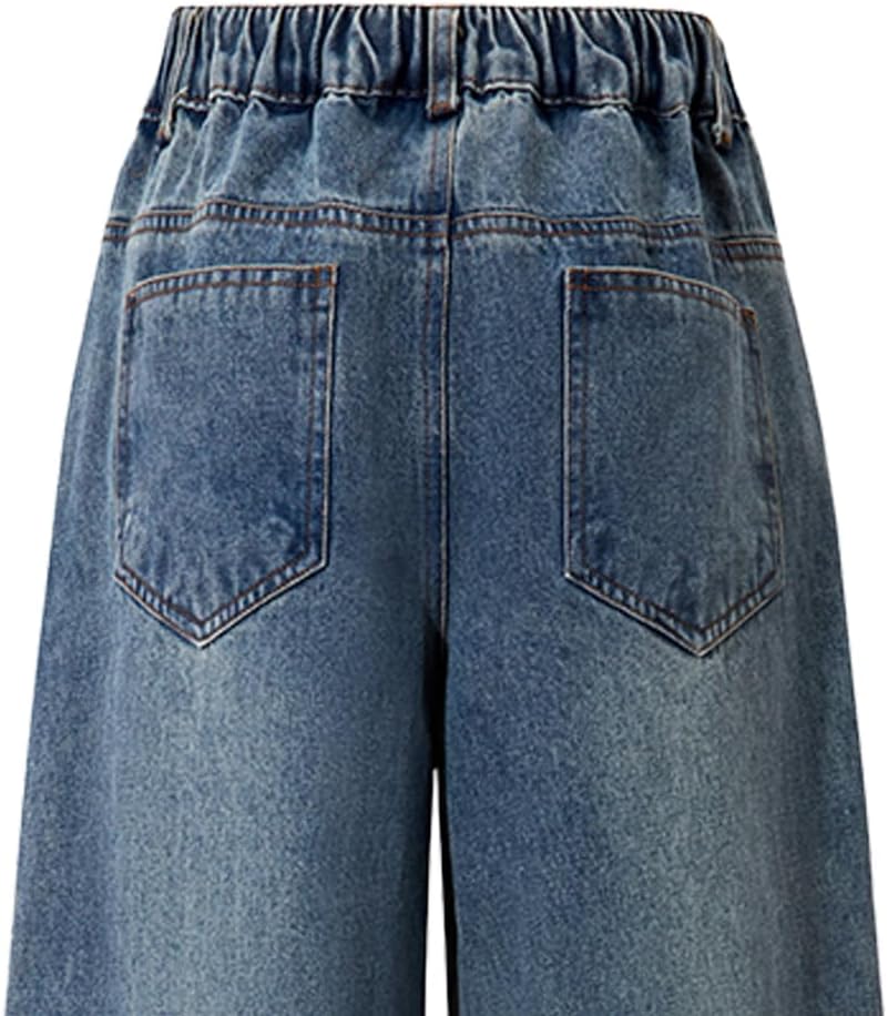 Nivne Tco Tween Girls Wide Leg Jeans, Zipper Washed Asymmetrical Waist Vintage Baggy Denim Pants with Five Pockets
