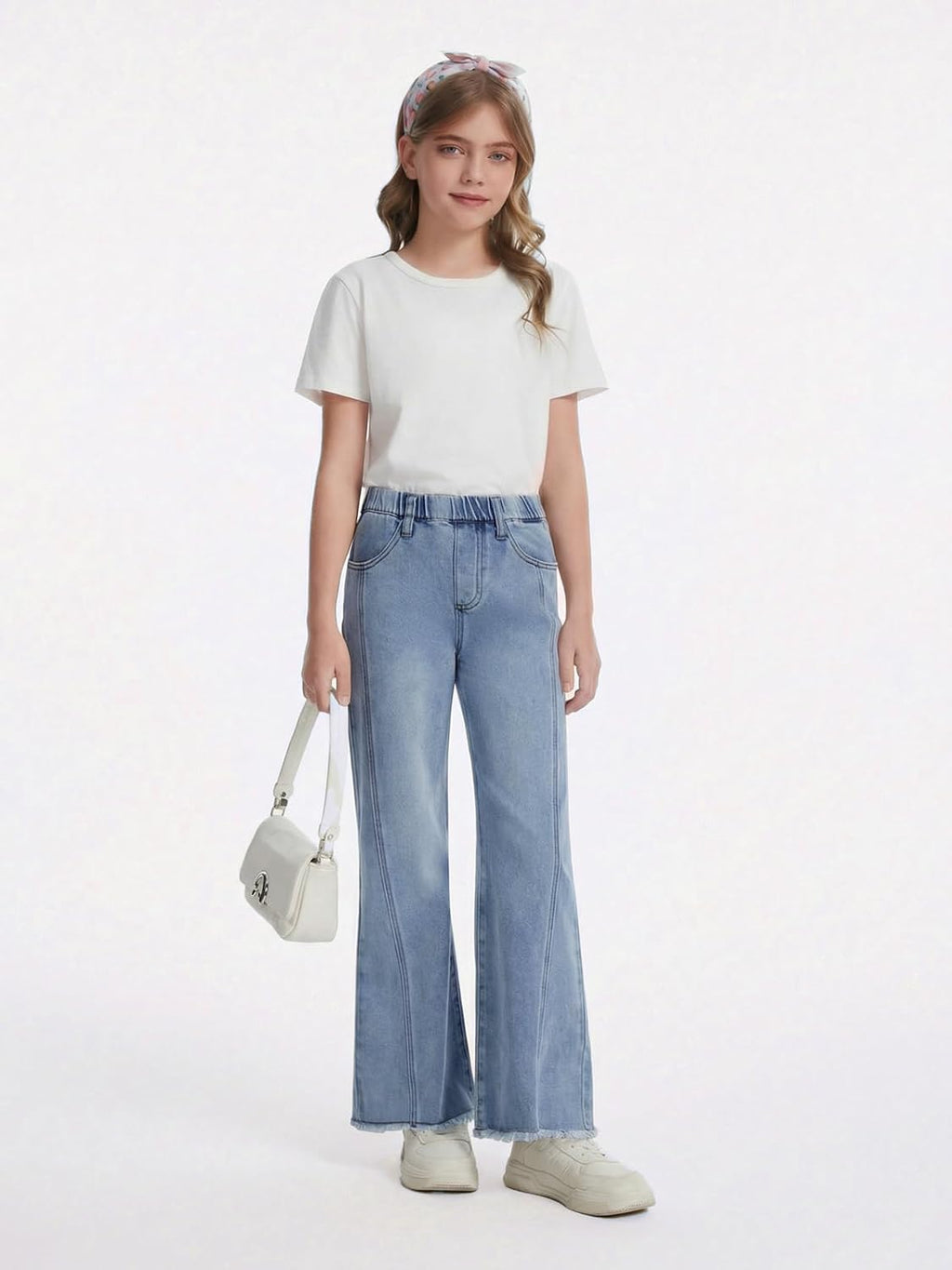 Haloumoning Girls Flare Jeans Kids Bow Print Back Elastic High Waist Wide Leg Denim Pants with Pockets 5-14 Years
