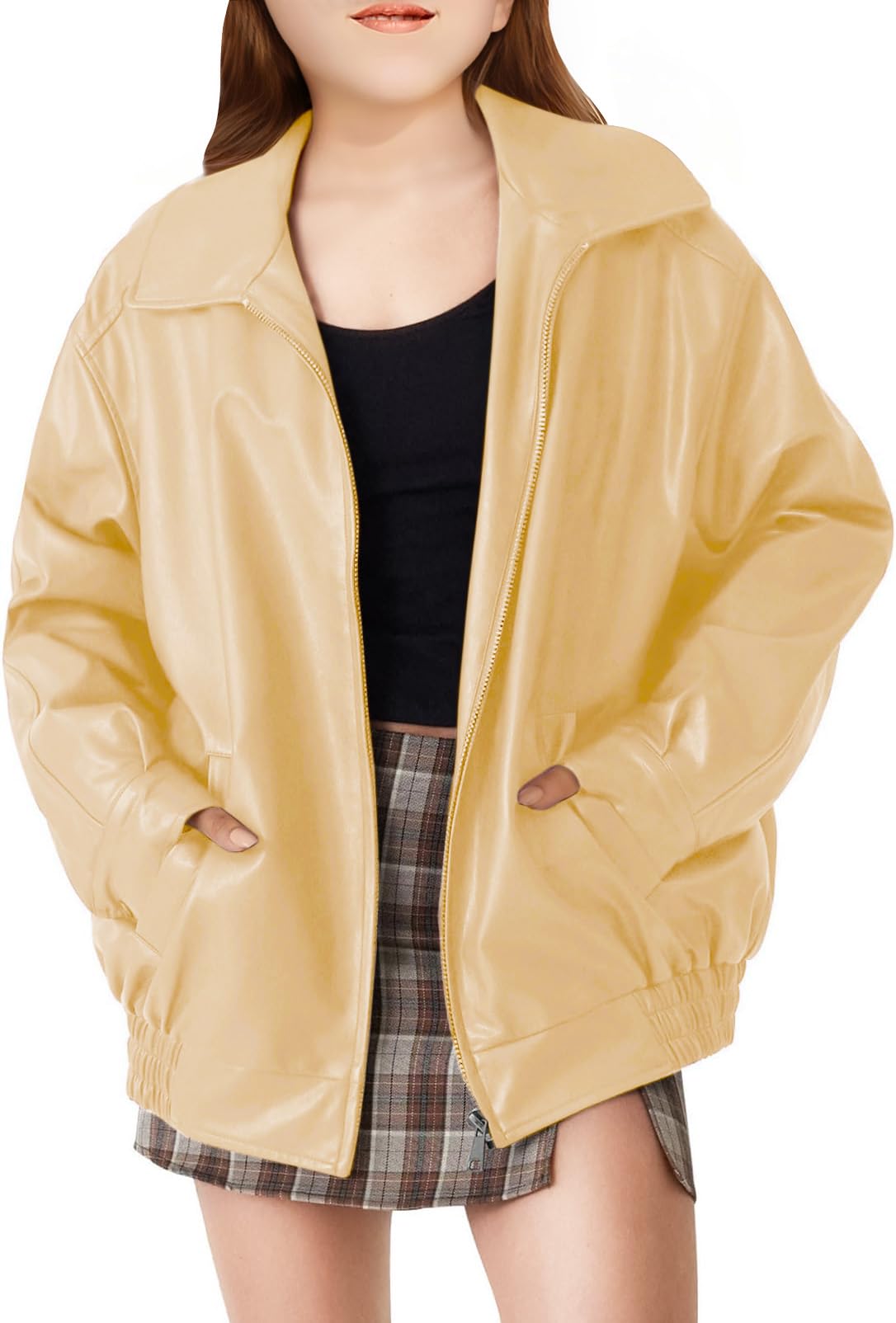 CharmWM Girls Oversized Faux Leather Jackets Kids Zip Up Fall Winter Motorcycle Biker Coats Outerwear
