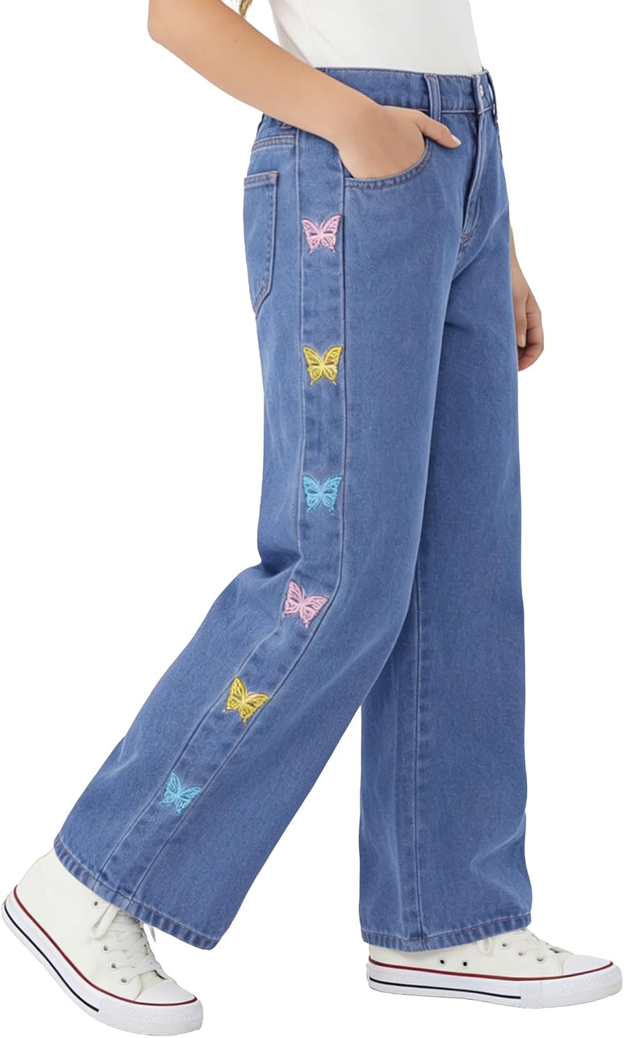 PATPAT Girls Baggy Jeans 5-14Y with Elastic Wasit & Butterfly Embroidery