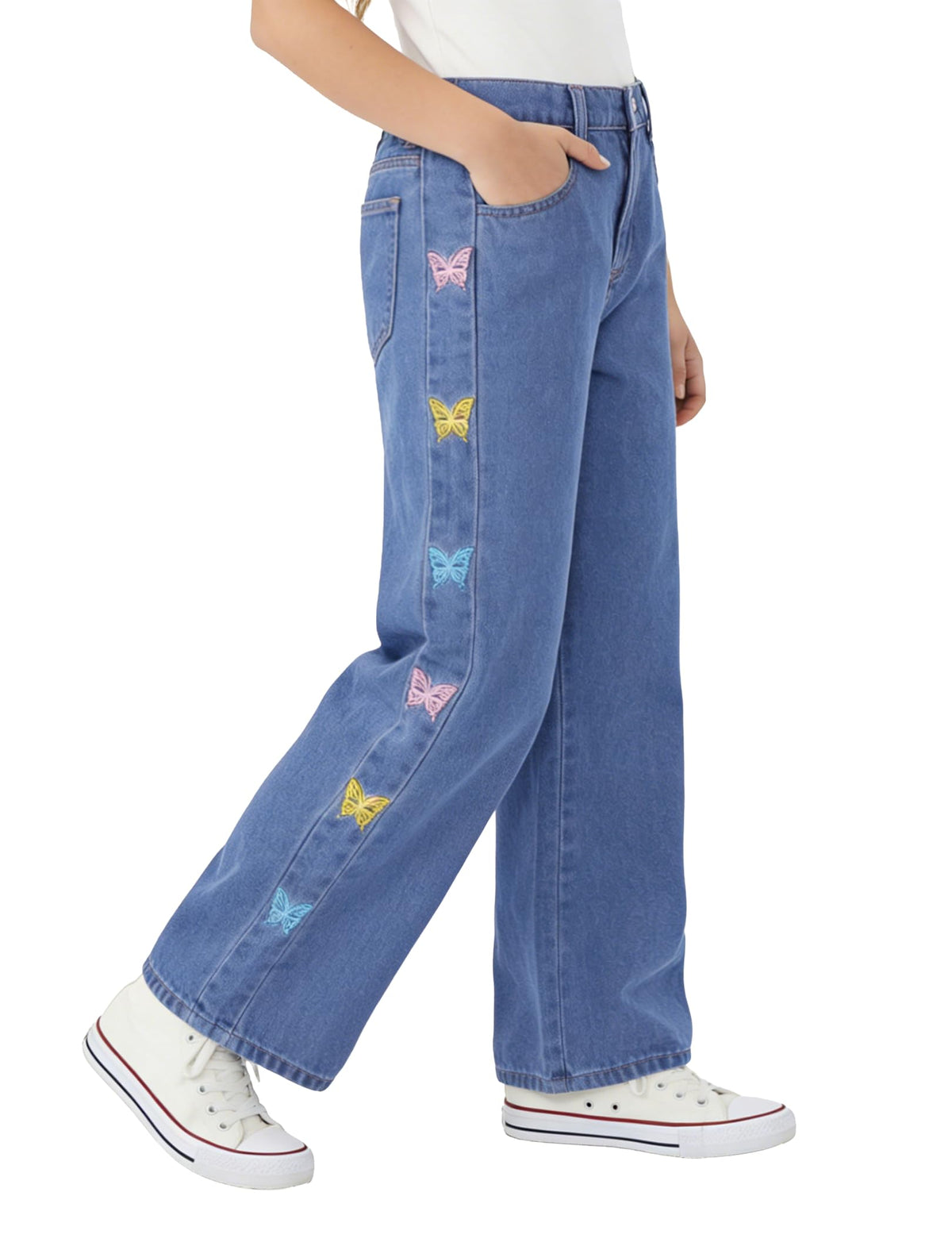 PATPAT Girls Baggy Jeans 5-14Y with Elastic Wasit & Butterfly Embroidery