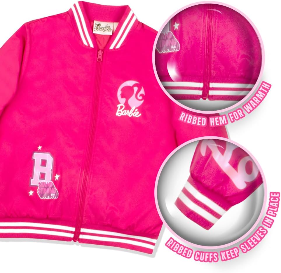Barbie Girls Bomber Jacket - Zip-Up Varsity Jacket with Girl Power Outerwear