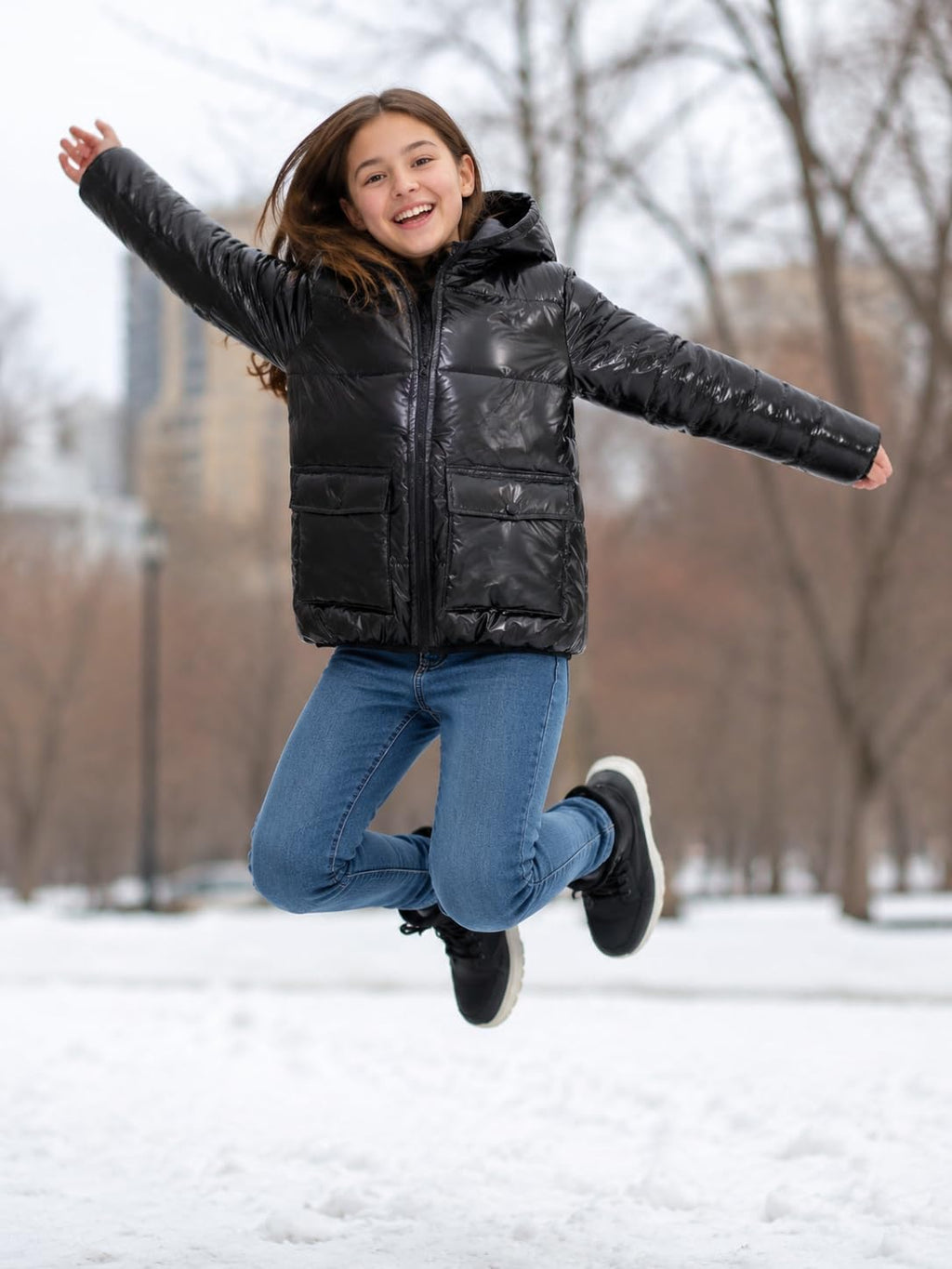 Funnycokid Girls Winter Coat Metallic Shiny Hooded Puffer Jacket 7-14Y