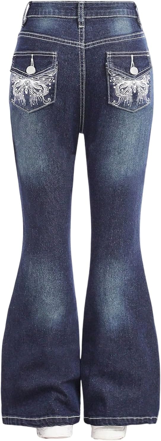 SweatyRocks Girl's Y2K Flare Jeans Rhinestone Butterfly Denim Trousers