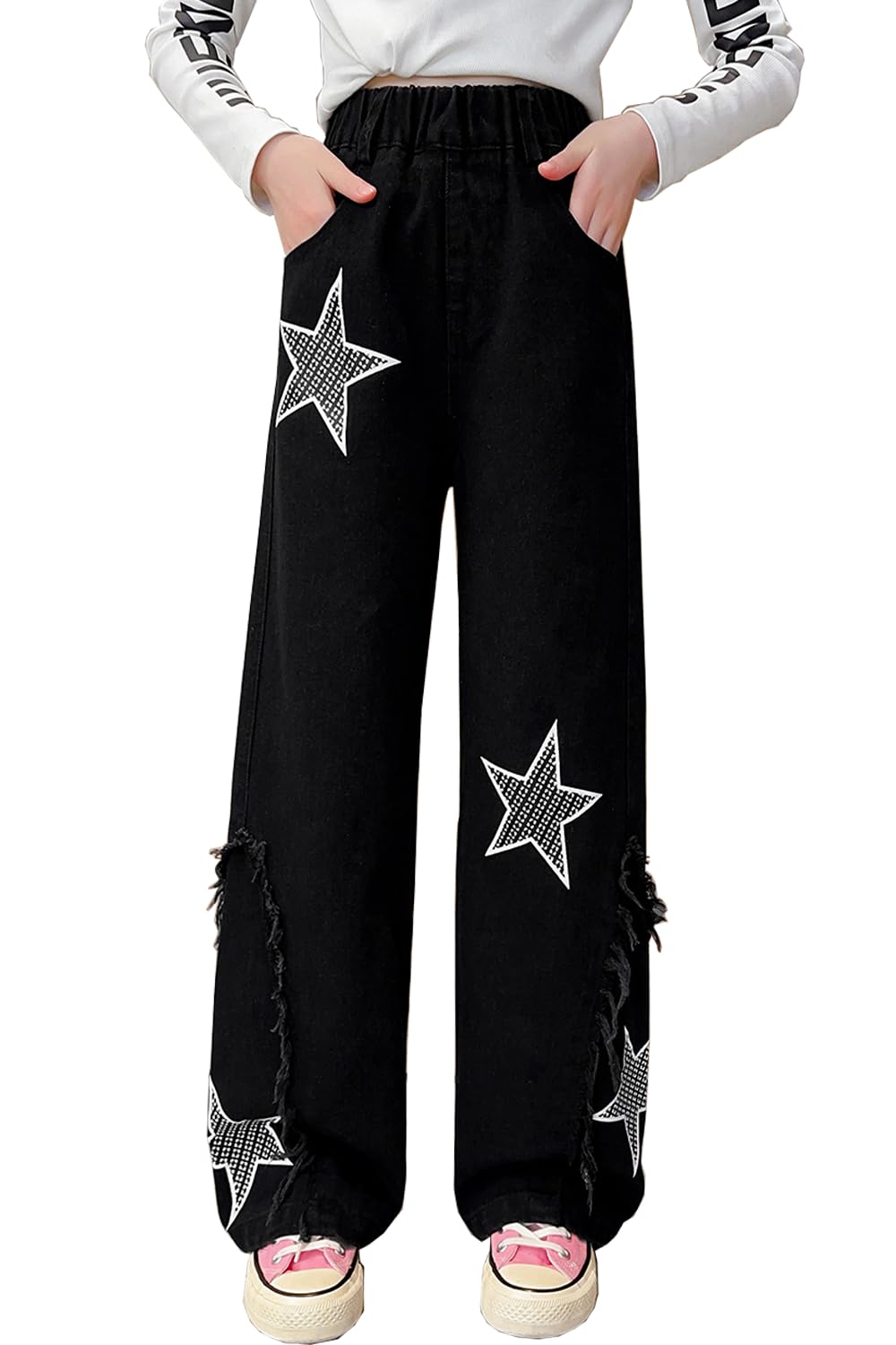 AOWKULAE Girls Baggy Jeans Wide Leg Cargo Denim Pants Kids 5-16Y