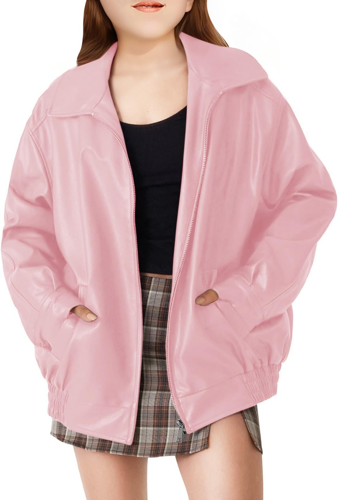 CharmWM Girls Oversized Faux Leather Jackets Kids Zip Up Fall Winter Motorcycle Biker Coats Outerwear