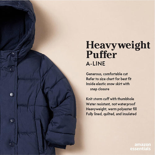 Amazon Essentials Girls and Toddlers' Heavyweight Hooded Puffer Coat, Water-Resistant
