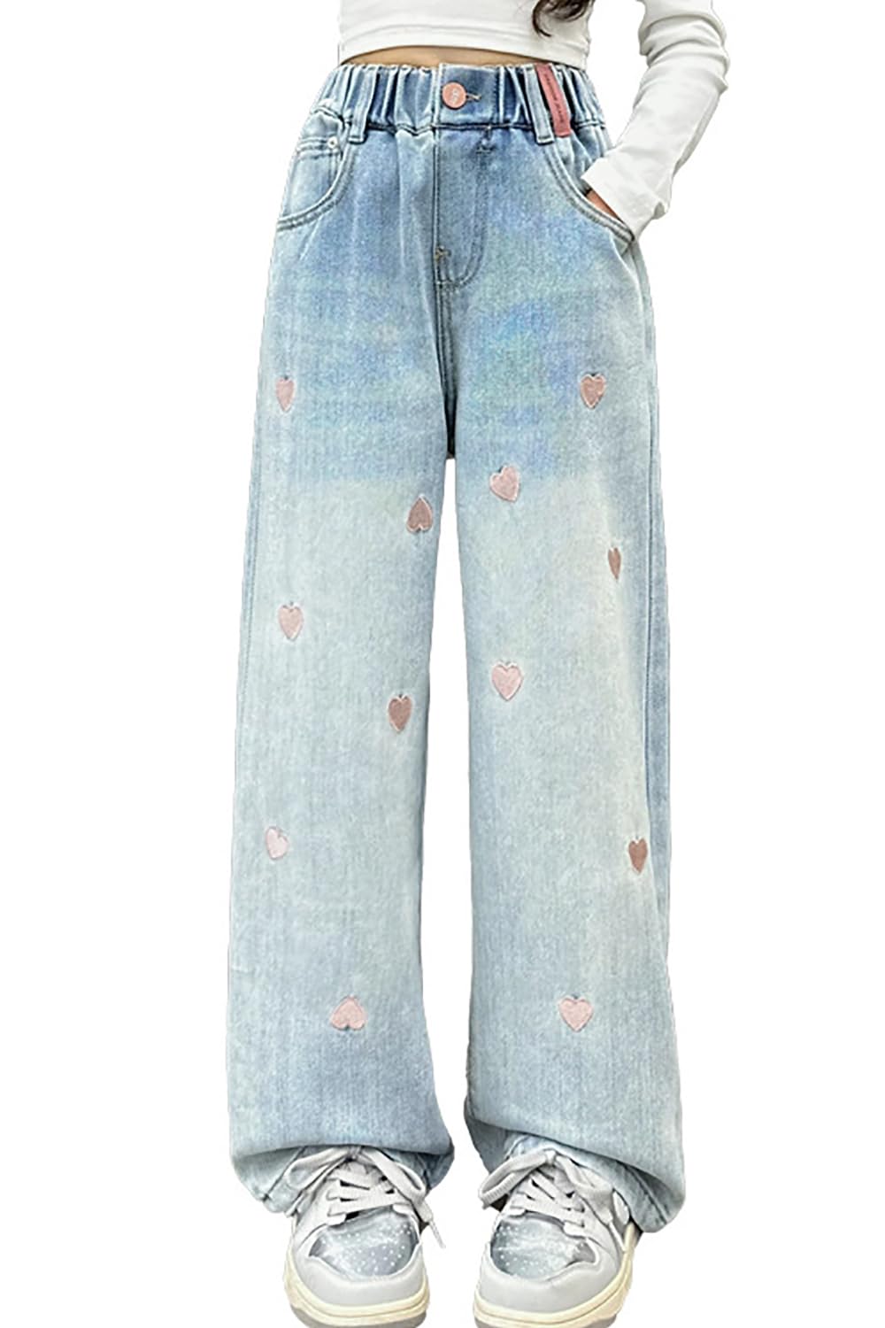 AOWKULAE Girls Baggy Jeans Wide Leg Cargo Denim Pants Kids 5-16Y
