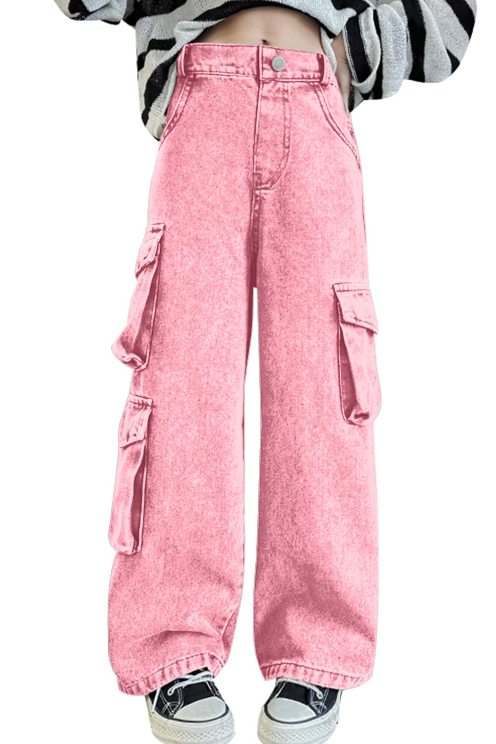 AOWKULAE Girls Baggy Jeans Wide Leg Cargo Denim Pants Kids 5-16Y