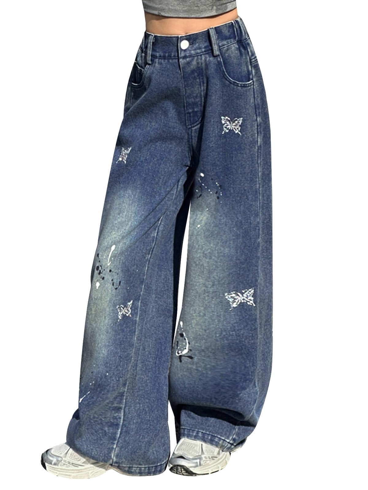 Rolanko Girls Jeans Denim Elastic Wasit Wide Leg Baggy Pants Kids Clothes 4-14 Years