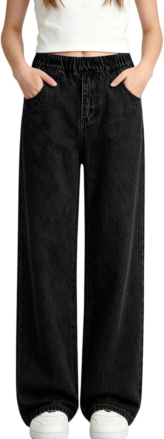 Girls Jeans Trendy Elastic Waist Straight Leg Denim Pants Kids Teen Clothes