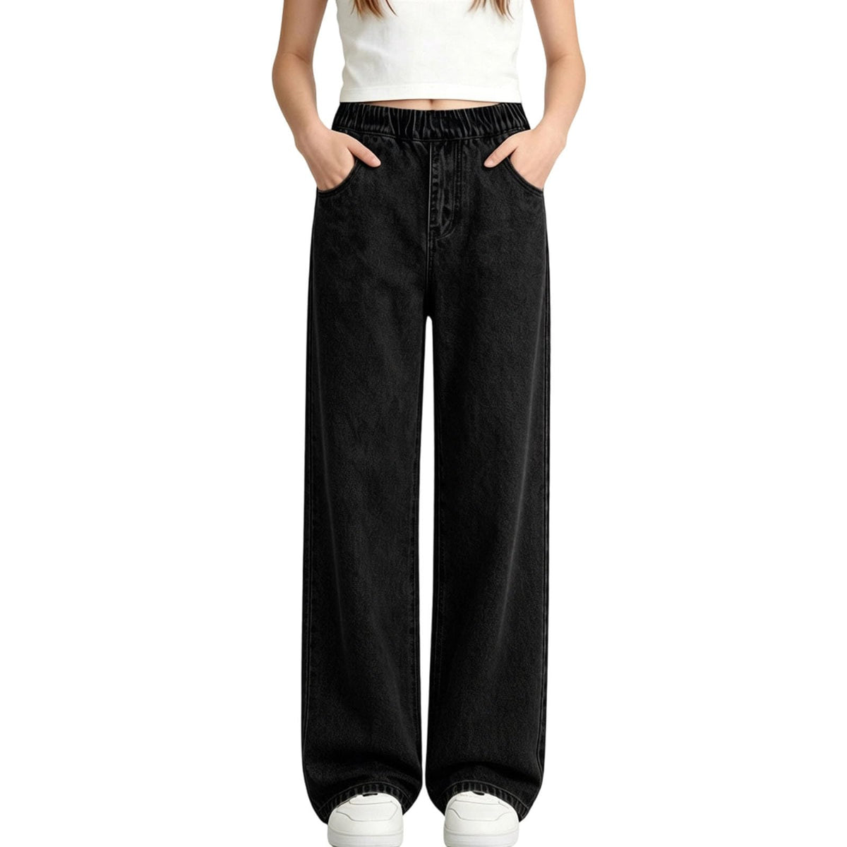 Girls Jeans Trendy Elastic Waist Straight Leg Denim Pants Kids Teen Clothes