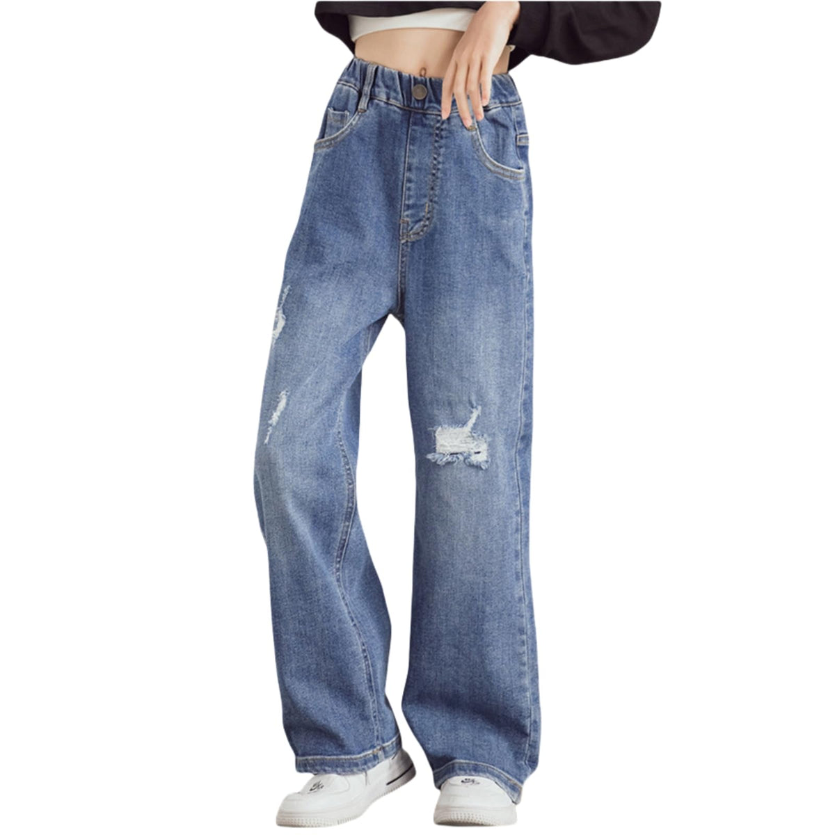 Rolanko Girls Jeans Denim Elastic Wasit Wide Leg Baggy Pants Kids Clothes 4-14 Years