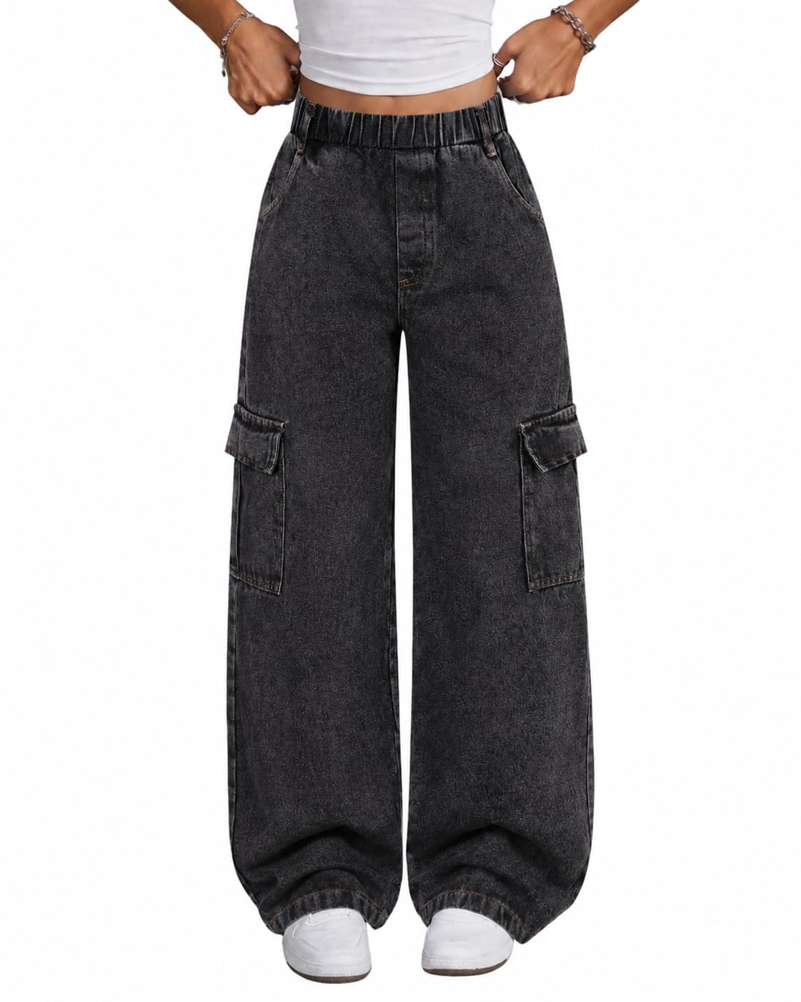 Azmxynol Girls Jeans Denim Cargo Pants Wide Leg Tween Girl High Waist Jean Pant, Size 9-16 Years