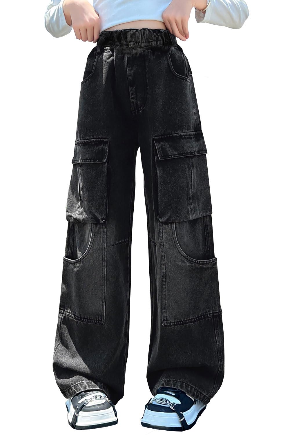 AOWKULAE Girls Baggy Jeans Wide Leg Cargo Denim Pants Kids 5-16Y